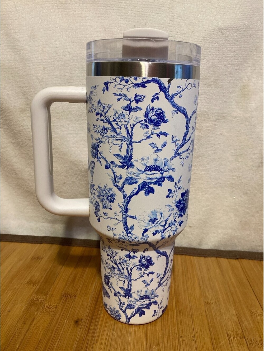Owala Floral Insulated Travel Tumbler White Blue Stainless Steel Handle